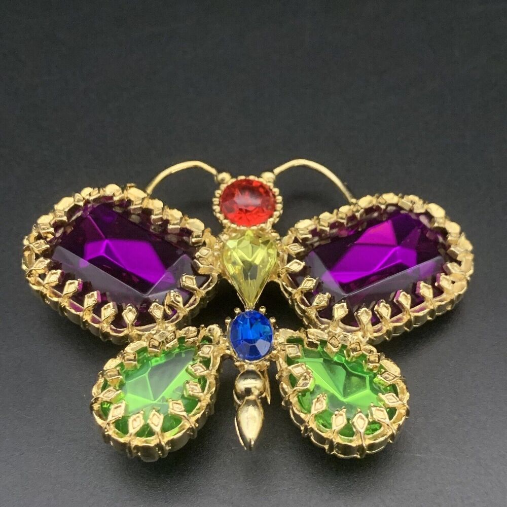 Vintage Rhinestone Butterfly Brooch Gold Tone Purple Green Red Yellow Blue